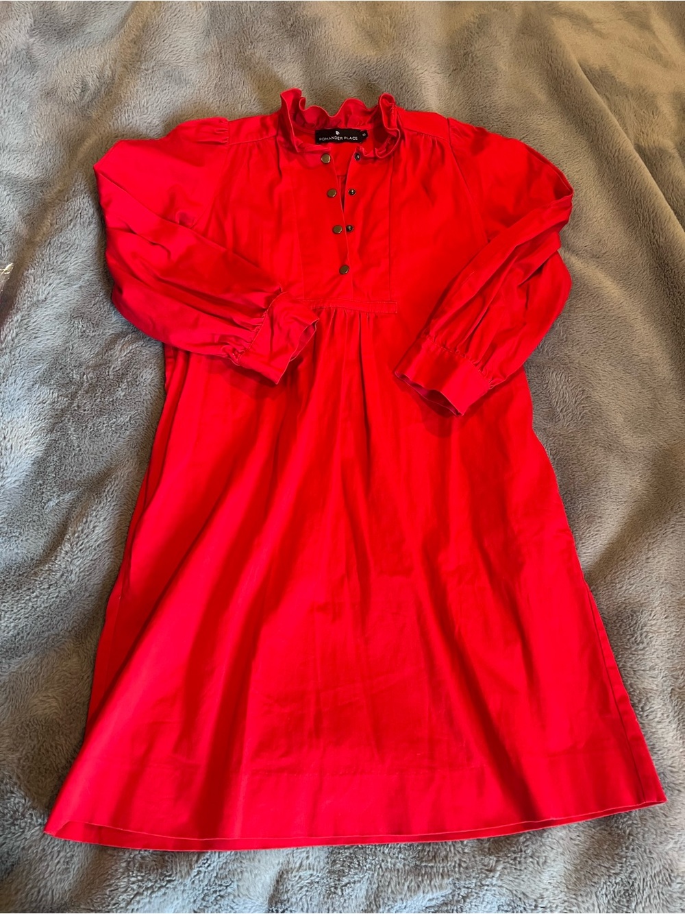 Pomander Place Red Solid Shirt Dress Ruffle Collar Button Front Long Sleeve XS